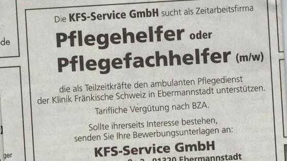 Trotz ihrer bevorstehender Auflösung sucht die Zeitarbeitsfirma an der Klinik Fränkische Schweiz noch Leiharbeiter im Pflegebereich.  Repro: FT