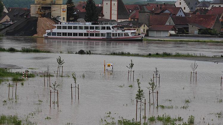 Das Ausflugsschiff "Undine" liegt bei Volkach vor Anker.
