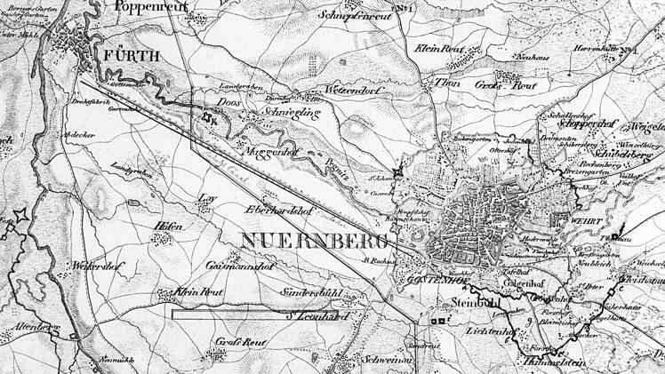 Karte der Ludwigsbahn-Strecke von 1838. Schon zu sehen ist die Trasse des 1845 eröffneten Ludwig-Donau-Main-Kanals. Foto: DB-Museum
