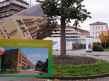 Das Rondell am Kurgarten damals und heute. Dort, wo die Postkarten das Steigenberger zeigen, steht seit dem Abriss ein Bauzaun. Benedikt Borst