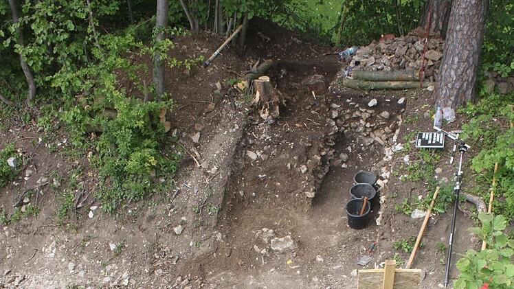 Links und rechts des Pfades legten die Archäologen Stichgrabungen in den Böschungen an. Foto: Matthias Einwag