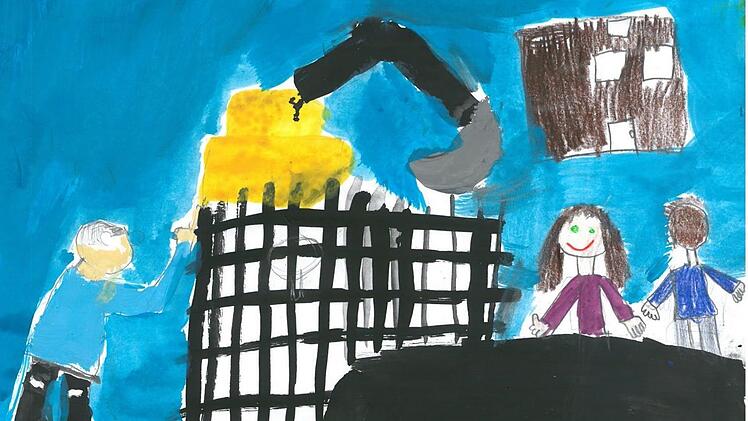 Eine Fachfirma ist derzeit mit dem Abriss des Gebäudes in der Grüner Straße 25 beschäftigt. Bei einer Baustellenbegehung, von links, Bürgermeister Egon Herrmann, Tanja Renner (Verwaltungsfachangestellte) und Markus Wagner (Geschäftsleiter). Foto: K.-H. Hofmann, gemalt von Ella