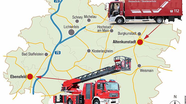 Die geplanten Standorte für eine weitere Drehleiter und für den Gerätewagen Atemschutz/Strahlenschutz sind Ebensfeld bzw. Altenkunstadt.