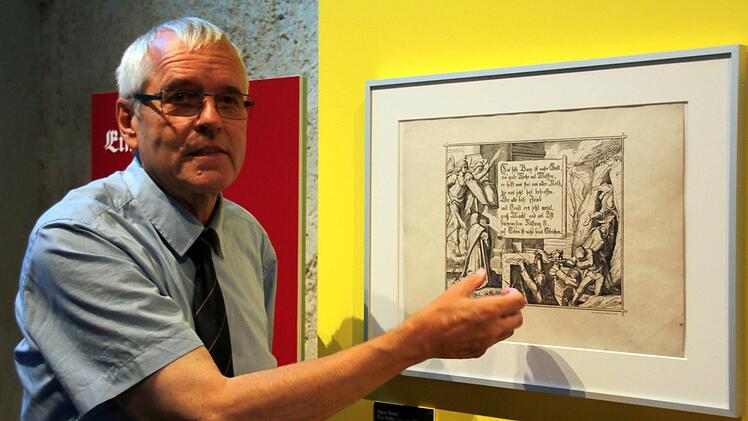 Alles Wissenswerte rund um die aktuelle Ausstellung über Martin Luthers bekanntestes Kirchenlied "Ein feste Burg ist unser Gott" im Deutschen Burgenmuseum auf der Veste Heldburg erläuterte Prof. Ulrich Großmann (Germanisches Nationalmuseum, Nürnberg). Hier eine Illustration des Textes aus dem Jahr 1853. Foto: Bettina Knauth