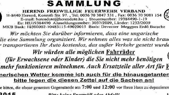 So sieht der Zettel aus, der zur Sammlung aufruft. Quelle: Stadt Bamberg