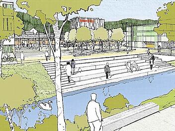 So stellen sich die Planer den zentralen Platz auf dem Güterbahnhof-Gelände vor. Eine Brücke für Fußgänger und Radfahrer führt über die Itz zur Innenstadt. Im Hintergrund zu erkennen: die alte Pakethalle, die nach Möglichkeit erhalten bleiben soll. Foto: Planungsbüro Schirmer