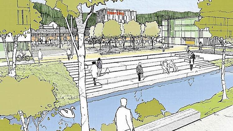 So stellen sich die Planer den zentralen Platz auf dem Güterbahnhof-Gelände vor. Eine Brücke für Fußgänger und Radfahrer führt über die Itz zur Innenstadt. Im Hintergrund zu erkennen: die alte Pakethalle, die nach Möglichkeit erhalten bleiben soll. Foto: Planungsbüro Schirmer