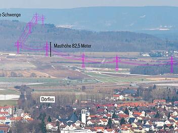 Diese Animation, die Werner Töpfer dem Bausenat präsentierte, zeigt eindrucksvoll, wie die bis zu 82,5 Meter hohen Strommasten die Landschaft dominieren. Auf dem gesamten Gebiet von Stadt und Landkreis Coburg müssten 83 dieser Masten errichtet werden. Foto: Stadt Coburg