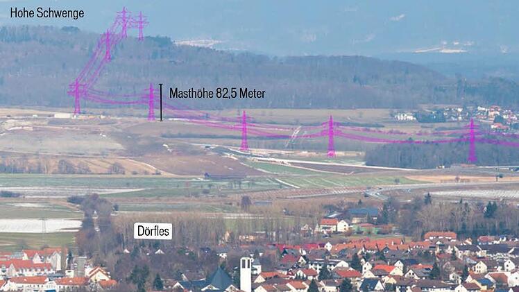 Diese Animation, die Werner Töpfer dem Bausenat präsentierte, zeigt eindrucksvoll, wie die bis zu 82,5 Meter hohen Strommasten die Landschaft dominieren. Auf dem gesamten Gebiet von Stadt und Landkreis Coburg müssten 83 dieser Masten errichtet werden. Foto: Stadt Coburg