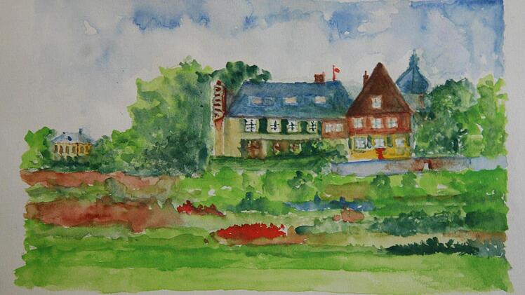 Nach einer Fotovorlage hat Simon Schicker dieses Aquarell angefertigt: Schloss Heinersreuth bei Presseck, in dem er bei der Familie seiner Tochter nun seinen Lebensabend verbringt. Foto: Klaus Klaschka