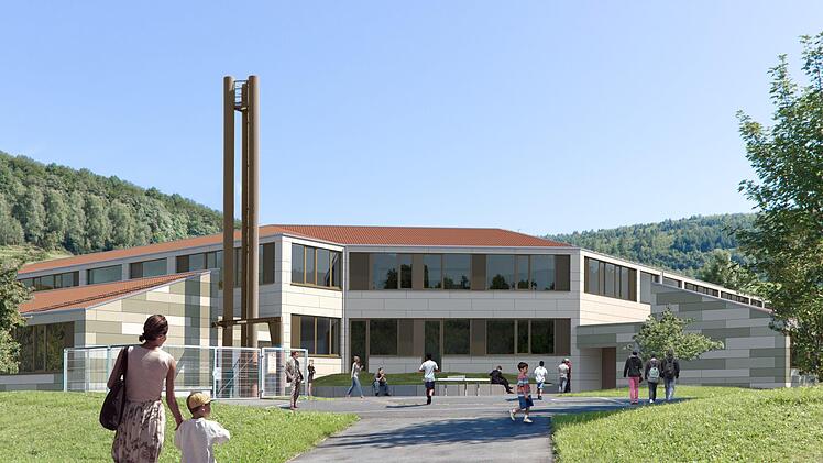 Die Rückseite des Schulgebäudes ziert ein  Spiel aus hellen und grünen Farbtönen. Grafik: Roth und Partner Architekten