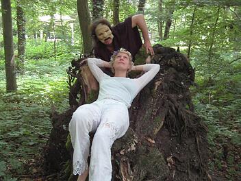 Martin Neubauer und Dorothea Schreiber führen als Schauspieler Literaturfans durch Bambergs grüne Oase.  Foto: Brentano-Theater