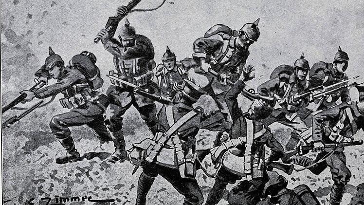 Aus dem Buch über Bambergs Regimenter: Bambergs "Fünfer" im Bajonettkampf mit Engländern, gemalt von Ernst Zimmer. Foto: Gerald Raab/Staatsbibliothek Bamberg