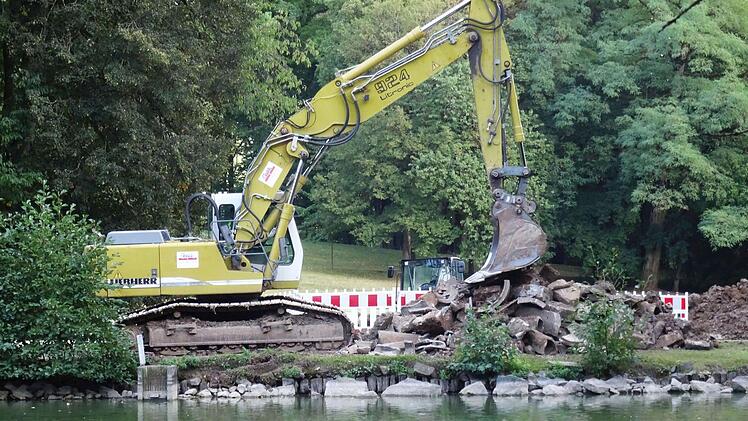 Der Abfluss des Schwanensees im Park von Schloss Rosenau wird erneuert.Foto: Jochen Berger