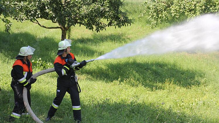 "Wasser marsch"" bei der Einsatzübung am Samstag aus Anlass des Feuerwehrtages in Gereuth. Foto: Helmut Will