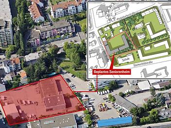 Die Grafik zeigt die u-förmige Lage des geplanten Wohnheimes. Luftbild: Stadt Bamberg; Grafik Rahmenplan: Bär Kühhorn Architekten Nürnberg/Baureferat Bamberg