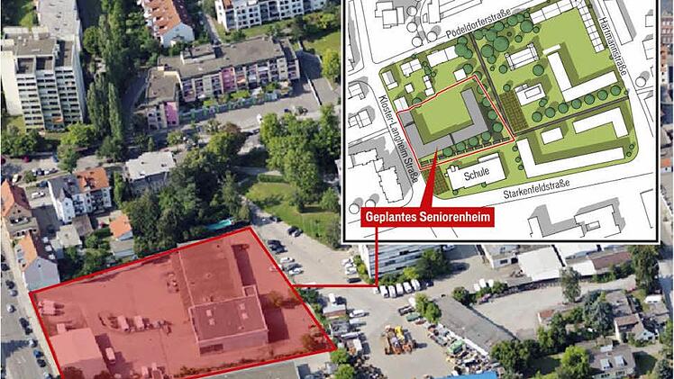 Die Grafik zeigt die u-förmige Lage des geplanten Wohnheimes. Luftbild: Stadt Bamberg; Grafik Rahmenplan: Bär Kühhorn Architekten Nürnberg/Baureferat Bamberg
