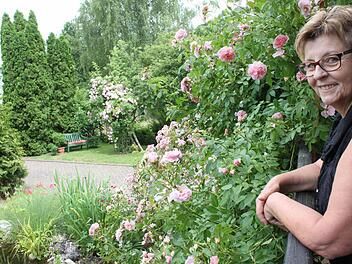 Hildegard Böhm genießt den Blick vom Balkon aus auf all die blühenden Rosen in ihrem Garten. Fotos: Popp
