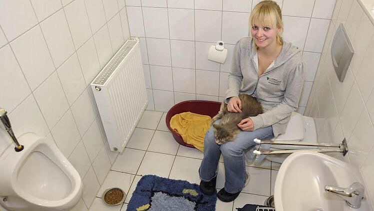 Tierpflegerin Steffi Kraus und Katze Anette im Herrrenklo.  Fotos: Kossmann