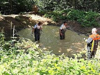 Die Feuerwehr suchte den schlammigen Weiher ab.