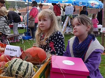 Diese zwei jungen Marktdamen verkauften Körbchen mit Äpfeln und Kürbissen. 'Fotos: Johanna Eckert