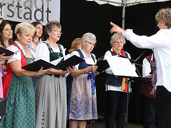 Chorleiterin Annemarie Kreuzer (rechts) war beim "musikalischen  Weinschloss" stark gefordert, denn sie dirigierte nicht nur den Männer-,  sondern auch den Frauenchor der Liedertafel Münnerstadt. Foto: Dieter Britz