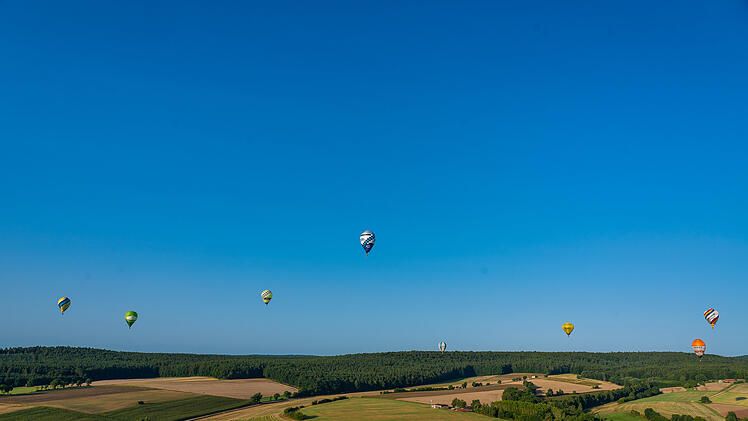 Heißluftballons schweben über einer weitläufigen, grünen Landschaft mit Feldern und Wäldern unter einem klaren, blauen Himmel.