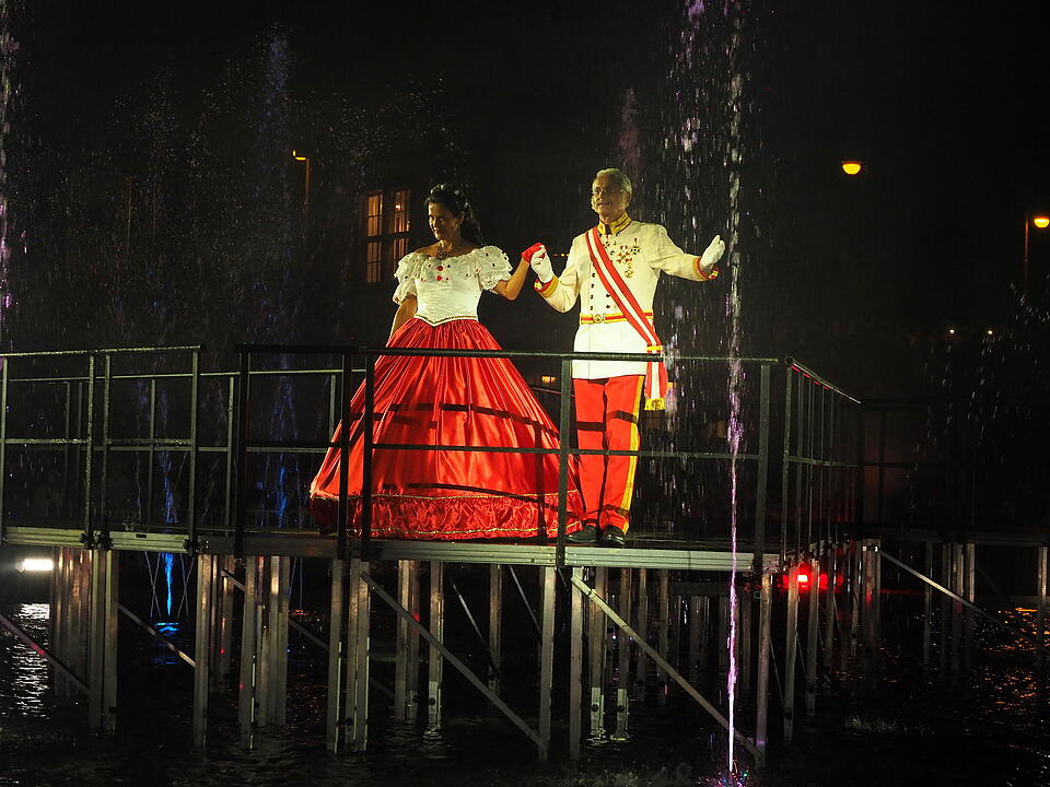 Eine Lichtshow mit Wasser, Feuer, Nebel und Musik im Rosengarten, die historische Pers&ouml;nlichkeiten ehrt.