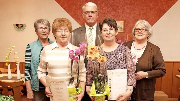Hildegard Wölfl (vorne links) und Agnes Nagel erhielten die Ehrennadel in Gold und Glückwünsche von Angelika Gumbmann, Otto Tröppner und Christine Hartmann (hinten v. l.). Foto: Richard Sänger