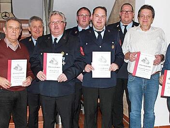 Bei der Hauptversammlung würdigte der Feuerwehrverein Autenhausen langjährige Mitglieder (von links): Bürgermeister Maximilian Neeb, Herbert Eisentraut, Kreisbrandrat Manfred Lorenz, Vorsitzender Heinrich Paul, Kommandant Marco Heinlein, Roland Heinlein, Kreisbrandmeister Johannes Kempinski, Thomas Leutheußer und Gerhard Och.  Foto: Carsten Höllein