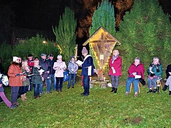 Am Wegkreuz fand zu nächtlicher Stunde eine ergreifende Bergmesse mit Diakon Wolfgang Fehn statt. Mit im Bild, rechts daneben, Kirchenpflegerin Elvira Ludwig.  Foto: Gerd Fleischmann