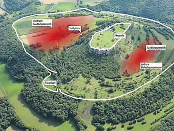 In diesen Ausmaßen wird sich laut dem Archäologen Markus Schußmann die keltische Stadt Menosgada vor mehr als  2000 Jahren auf dem Staffelberg etwa erstreckt haben. Foto: Ronald Rinklef/Grafik: Michael Haller