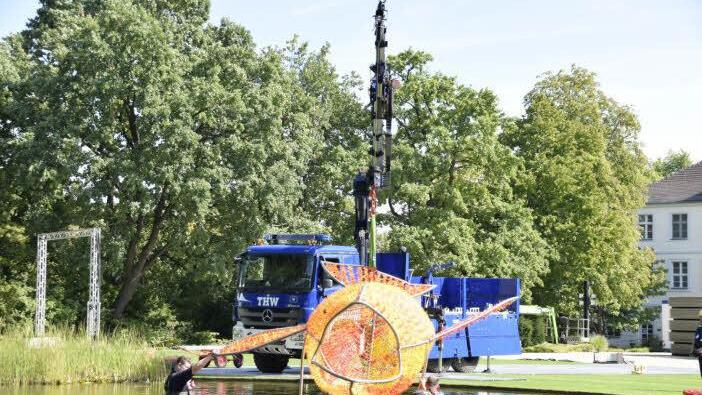 Das THW setzt den Wal in den Schlossteich. Foto: Markus Stirn