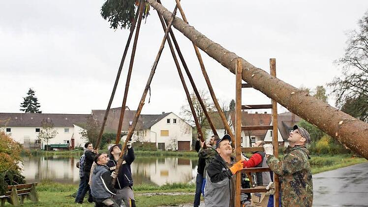 Die Ailsbacher trotzten beim Baumaufstellen dem schlechten Wetter. Fotos: Sonja Werner