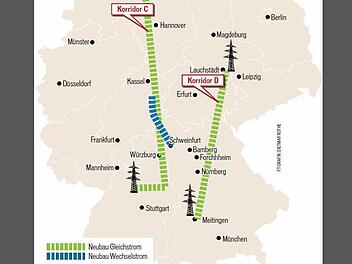 Konflikt um die neuen Stromautobahnen: Die Grafik zeigt Korridor C und Korridor D der Nord-Süd-Stromtrasse.