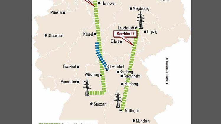 Konflikt um die neuen Stromautobahnen: Die Grafik zeigt Korridor C und Korridor D der Nord-Süd-Stromtrasse.
