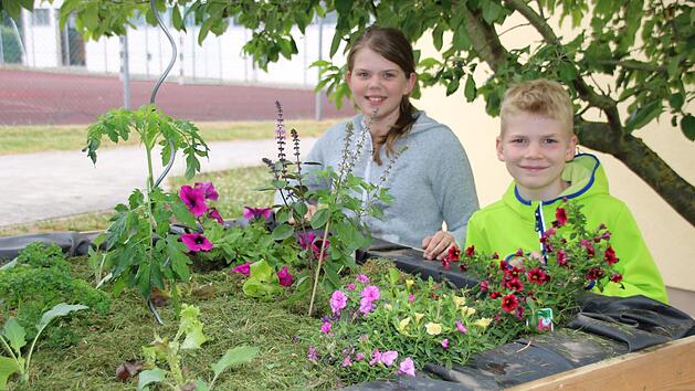 Anna Ohnem&uuml;ller und Max Teichmann von der Grundschule Melkendorf sind stolz auf ihr fertig bepflanztes Hochbeet.Dagmar Besand