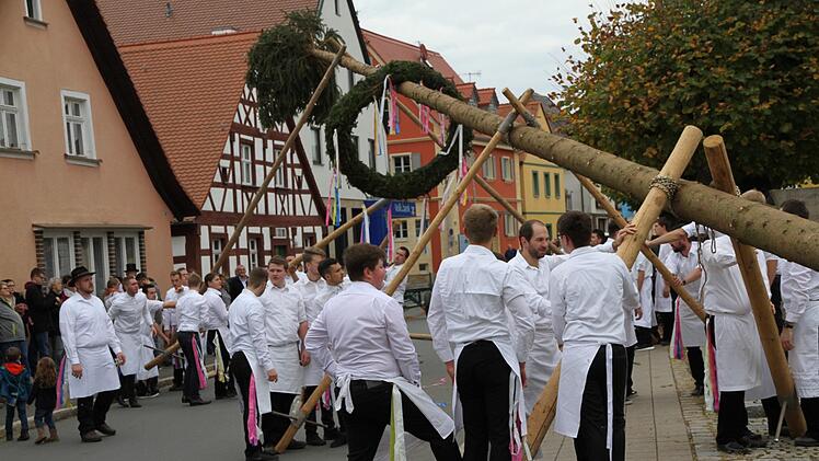 Gemeinsam stellen die Kerwasburschen und -madla den Baum auf.   Fotos: Mathias Erlwein