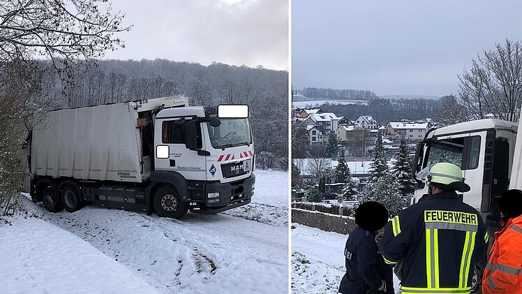 Arnshausen: Eisglatte Fahrbahn - Müllwagen rutscht in Graben - Mitarbeiter verletzt sich