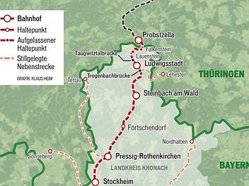 Die Frankenwaldbahn ist die zentrale Zugachse durch den Landkreis Kronach. Grafik: Klaus Heim