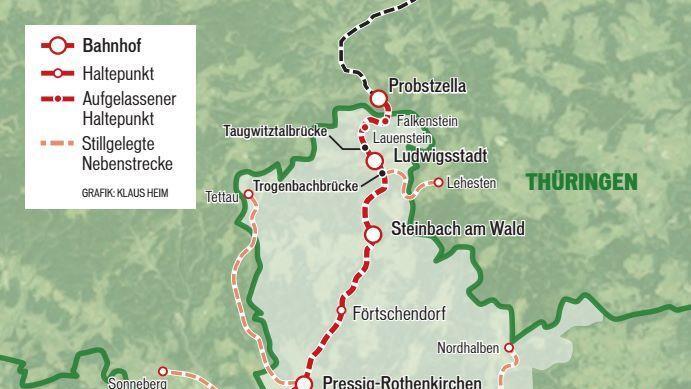 Die Frankenwaldbahn ist die zentrale Zugachse durch den Landkreis Kronach. Grafik: Klaus Heim